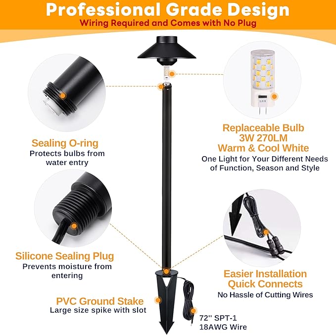 Gardenreet Outdoor Brass Pathway Lights, 2700K/3000K/4000K Adjustable Low Voltage Landscape Path Lighting Wired, 12v Walkway Light LED Waterproof, Black for Outside Garden Yard with G4 Bulb (4 Pack)