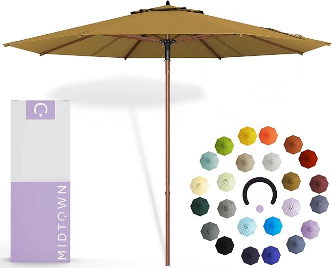 Midtown Umbrellas The Wooden 10 Feet Patio Umbrella With Terylast Sand (Tan) Polyester Fabric - Aluminum Frame Market Umbrella For Backyard, Deck, Garden, Pool - Wooden Pole