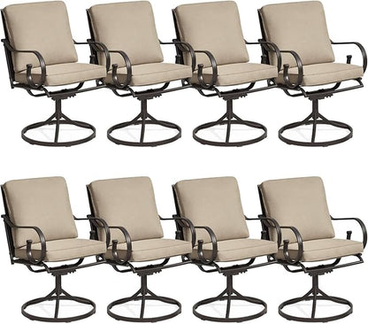 MELLCOM Patio Swivel Chair Set of 8, Heavy Duty Outdoor Dining Chairs with Thickened Cushions, Metal Patio Chairs Gentle Rocker for Outside, Garden Lawn & Porch, Backyard, Khaki