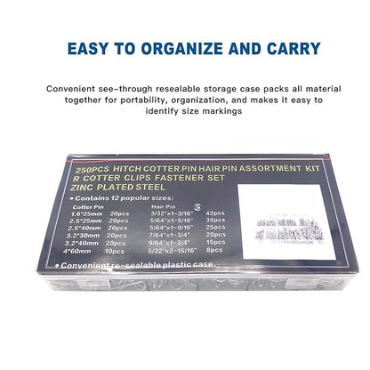 Boatsea 250Pcs Cotter Pin Assortment Kit R Clips Spring Retaining Hair Pins Assortment Kit, Including 6 Sizes 110PCS Cotter Pins and 6 Sizes 140PCS Hairpin Pins, Zinc-Plated