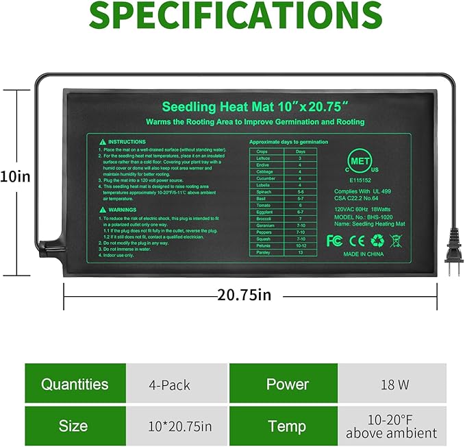 Bestio Seeding Heat Mat 10"x 20.75", 4 Pack Durable Seedling Heat Mat for Seed Starting, UL and MET Certified Waterproof Warming Mat Plant Heating Pad for Seed Germination,Hydroponics, Greenhouses