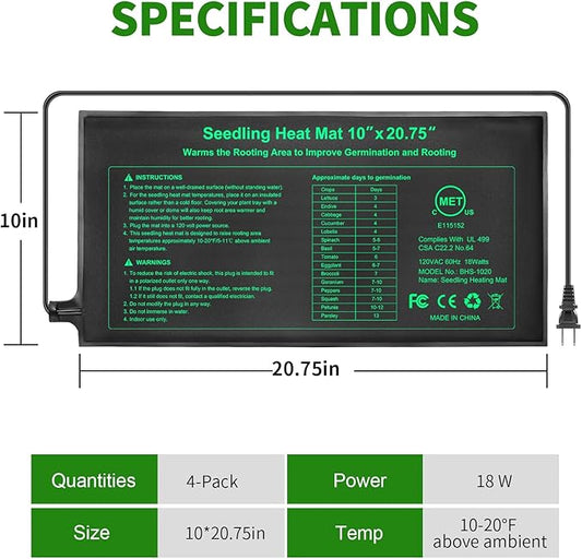 Bestio Seeding Heat Mat 10"x 20.75", 4 Pack Durable Seedling Heat Mat for Seed Starting, UL and MET Certified Waterproof Warming Mat Plant Heating Pad for Seed Germination,Hydroponics, Greenhouses