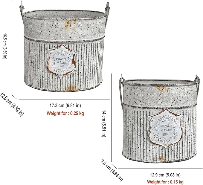 Vintage Galvanized Metal Planter Pots Set of 2, Rustic Farmhouse Flower Pots with Handles, "Potager A Paris 1903" Decorative Planters for Indoor Outdoor Gardening, Succulents, Herbs, Home Decor