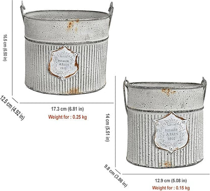 Vintage Galvanized Metal Planter Pots Set of 2, Rustic Farmhouse Flower Pots with Handles, "Potager A Paris 1903" Decorative Planters for Indoor Outdoor Gardening, Succulents, Herbs, Home Decor