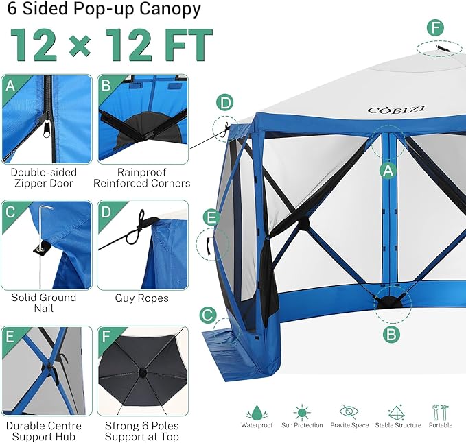 COBIZI 12x12 pop up Gazebo on Clearance Screen Canopy Tent, Camping Outdoor Screened Gazebo with Sidewalls, Portable Hub Tent with Carrying Bag and Ground Stakes, Blue