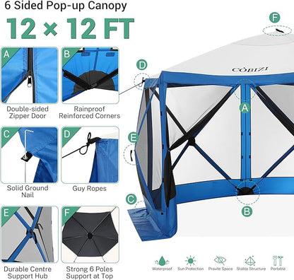 COBIZI 12x12 pop up Gazebo on Clearance Screen Canopy Tent, Camping Outdoor Screened Gazebo with Sidewalls, Portable Hub Tent with Carrying Bag and Ground Stakes, Blue