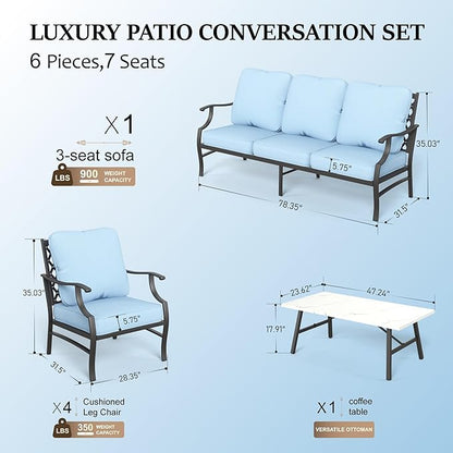 HERA'S HOUSE 6 Piece Patio Furniture Set, 4 x Fixed Metal Cushioned Chair, 1 x 3-Seat Sofa with Marbling Coffee Table, All Weather Outdoor Conversation Set for Lawn Garden Backyard, Blue