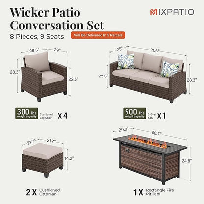 Patio Furniture Set, 8 Pcs Wicker Rattan Outdoor Conversation Set, 4 x Leg Chairs, 1 x 3 Seater Sofa and 2 x Ottoman with 4" Thick Cushion and 56" Fire Pit Table, Beige