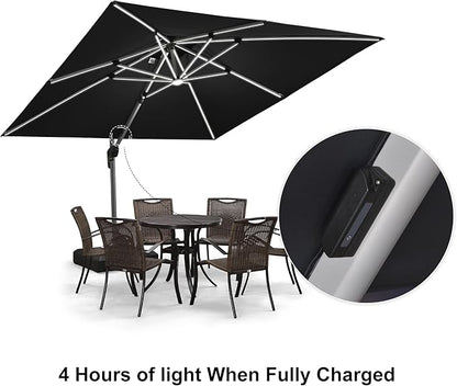 PURPLE LEAF 10 Feet Solar Powered LED Square Cantilever Umbrella With Base Patio Umbrellas Windproof Hanging Umbrella Outdoor Offset Umbrellas, Black