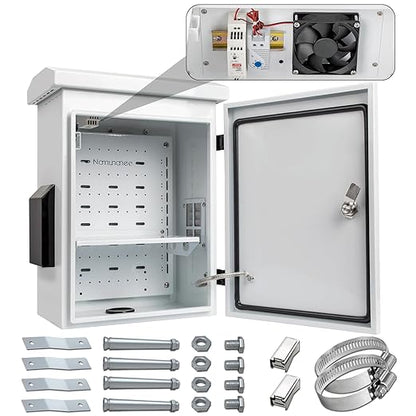 Outdoor Electrical Box with Thermostat and Fan, Cold-Rolled Steel Plate, Aluminum Alloy Back Beam, One-Piece Ventilation Design, IP65 Waterproof, Wall/Pole Mounted. (17.8" x 14" x 7.9")