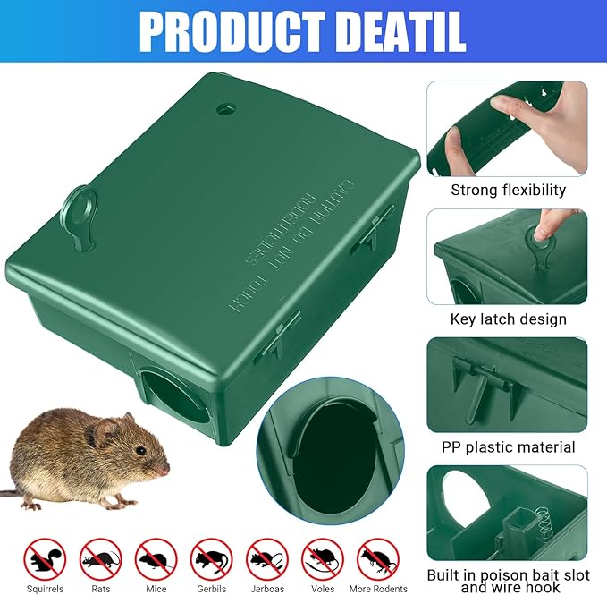 4 Pack Rat Bait Stations Large Rodent Bait Station with Key Reusable Mouse Bait Stations Mice Bait Blocks Heavy Duty Bait Boxes for Outdoor Rodents Mice Bait Blocks, Bait Not Included (Green)