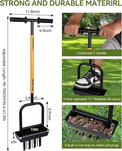 2-in-1 Manual Lawn Aerator Tool with Soil Core Storage Tray - 41.3" Heavy Duty Carbon Steel Garden Core Aerator Lawn Tool- Multifunctional Spike & Plug Aerator for Compacted Soil(Black + Orange)