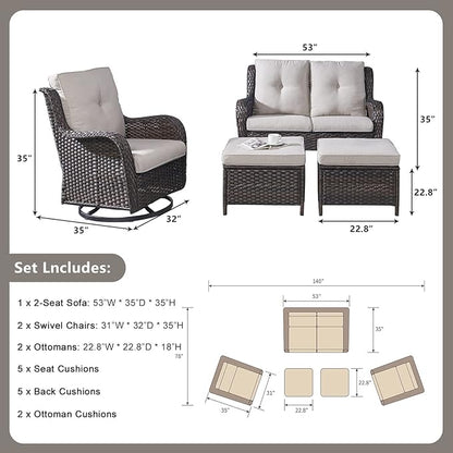 Rilyson 5 Piece Outdoor Patio Furniture Set - Rattan Wicker Patio Conversation Sets with 2 Swivel Rocker Chairs,2 Ottomans and 1 Loveseat for Outside Porch Deck Backyard(Brown/Beige)