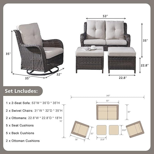 Rilyson 5 Piece Outdoor Patio Furniture Set - Rattan Wicker Patio Conversation Sets with 2 Swivel Rocker Chairs,2 Ottomans and 1 Loveseat for Outside Porch Deck Backyard(Brown/Beige)