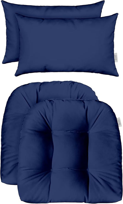 RSH DECOR: Tufted U-Shapes & Lumbars 2 of Each | 22" x 22” & 20" x 12" | Water-Resistant Spun Fabric | Outdoor Wicker Cushions & Support Pillows for Patio Furniture | Navy