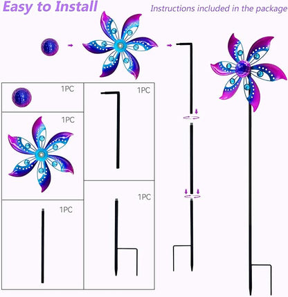 Wind Spinners Outdoor Metal, 10.63" W*37" H Pinwheels for Yard and Garden Decor, Kinetic Wind Sculpture Spinner Yard Art (Purple)