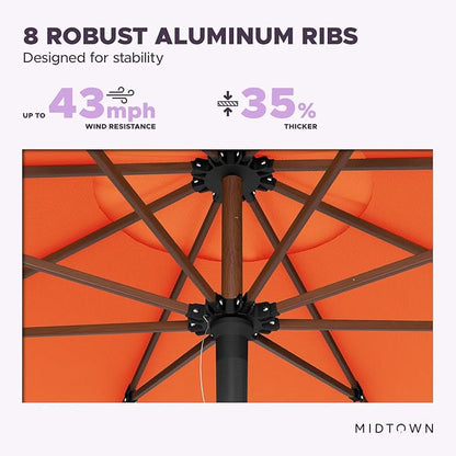 Midtown Umbrellas The Wooden 9 Feet Patio Umbrella With Terylast Tangerine (Bright Orange) Polyester Fabric - Aluminum Frame Market Umbrella For Backyard, Deck, Garden, Pool - Wooden Pole
