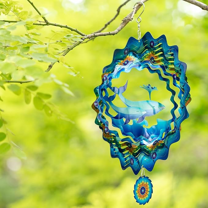 3D Whale Wind Spinner for Yard Garden Outdoor 12Inch Wind Spinners Memorial Gift for Women Mom Grandma Wife, Garden Decor Metal Kinetic Yard Art Wind Sculptures