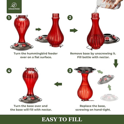 Kingsyard 2 Pack Glass Hummingbird Feeder 24 Ounces, 6 Feeding Ports, Hanging Bird Nectar Feeder for Outdoors Garden Yard Décor, Ant Moat Included, Red