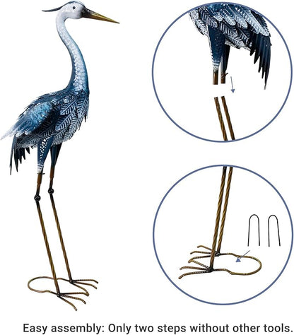 33 Inch Crane Statue for Garden Decorations, Metal Heron Yard Art, Outdoor Decor for Patio, Pond, and Backyard, Blue