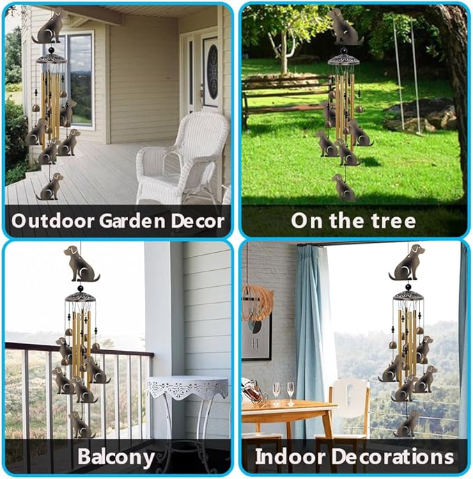 Garden Dog Wind Chimes Outdoor Indoor Decor - with 4 Tubes 7 Dogs Wind Chime, Mobile Romantic Dogs Wind Catcher, Bronze Dogs Wind Bells for Home, Mom Gifts, Balcony, Tree, Festival, Garden Decoration