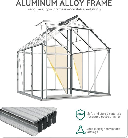 YITAHOME 6x6FT Polycarbonate Greenhouse Heavy Duty Green Houses Outdoor Greenhouses Aluminum Sliding Doors Vent Window Large Sun House for Garden Backyard, Silver