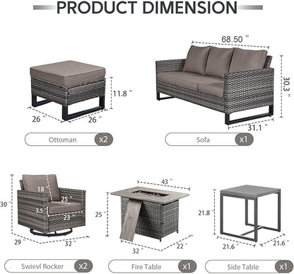 7 Piece Wicker Patio Furniture with Fire Pit Table - Outdoor Conversation Set with 50,000 BTU Fire Pit, All Weather Rattan Patio Set for Deck Backyard Garden - Grey Wicker Grey Cushion