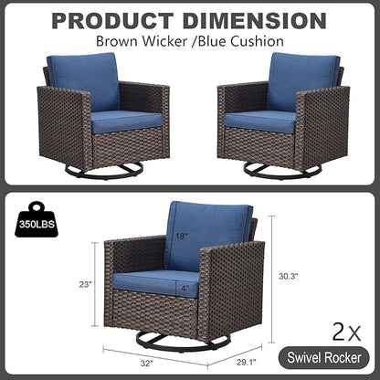 Luxury Outdoor Swivel Rocker Patio Chairs Set of 2, Swivel Patio Chairs for Porch, Yard, Deck, Poolside, Brown/Blue