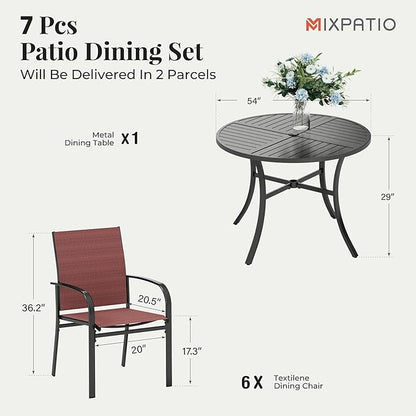 7 Pieces Outdoor Table and Chairs, Patio Dining Set for 6 Includes 54" Round Outdoor Table and 6 Patio Chair Set, Outdoor Dining Furniture Set for Lawn Backyard Deck, Red