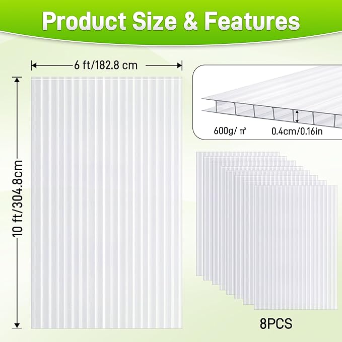 8PCS 10' x 6' x 0.16'' Polycarbonate Greenhouse Panels Sheets, Twin-Wall Roof Panels, Waterproof UV Protected Corrugated Plastic Roof Panels Sheets, Clear Replacement Panels for Greenhouse