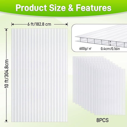 8PCS 10' x 6' x 0.16'' Polycarbonate Greenhouse Panels Sheets, Twin-Wall Roof Panels, Waterproof UV Protected Corrugated Plastic Roof Panels Sheets, Clear Replacement Panels for Greenhouse
