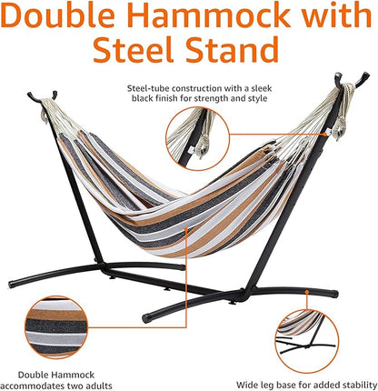 Amazon Basics Double 2 Person Heavy Duty Hammock with Space Saving Steel Stand and Carrying Case, 470lb Capacity, Multi Color, 118 x 46 x 39 inches