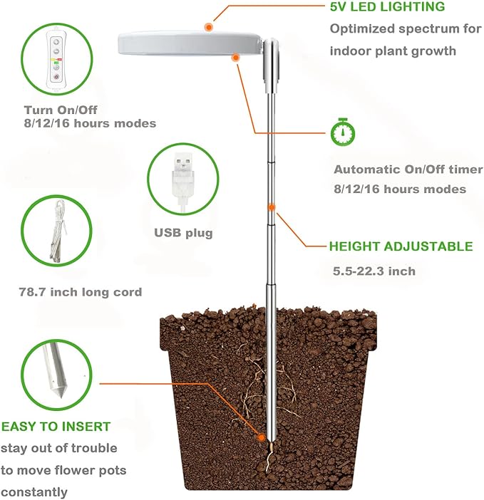 Plant Grow Light,Yadoker LED Growing Light Full Spectrum for Indoor Plants,Height Adjustable, Automatic Timer, 5V Low Safe Voltage,Idea for Small Plant Light…
