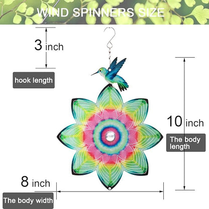 SPRING SONG Hummingbird on Mandala Flower Wind Spinner for Yard and Garden Stainless Steel Spinner Indoor and Outdoor Hanging Decor Crafts Ornament Gifts Kinetic Art Yard Garden Hanging Wind Spinner