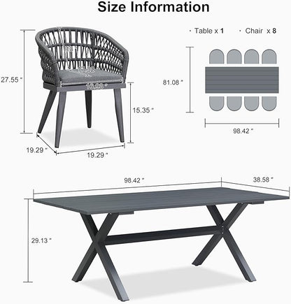 PURPLE LEAF Outdoor Dining Set All-Weather PE Rattan Outdoor Patio Dining Furniture Set with All Aluminum Frame Rectangular Table and 8 Chairs Set for Lawn Garden Backyard Deck, Grey