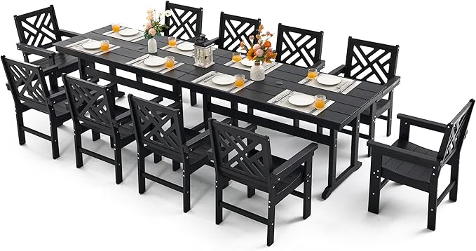 12 Piece HDPE Outdoor Dining Set for 10, Patio HDPE Furniture Set with 2 Table and Umbrella Hole, Outdoor Table and Chairs for Garden, Poolside, Backyard, Deck