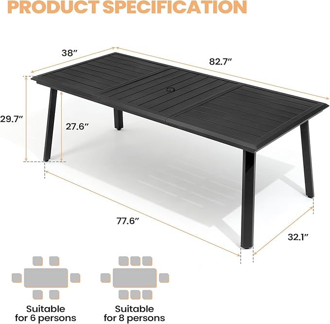 Aluminum Outdoor Dining Table for 6-8, 83" Rectangle Patio Table with 1.69" Umbrella Hole, All-Weather Deck & Backyard Furniture