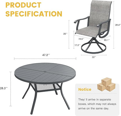 VICLLAX 7 Pieces Patio Dining Set for 6, Outdoor Furniture Set Includes 47.2" Outdoor Round Table and 6 Patio Swivel Chairs for Lawn Garden, Grey Tabletop and Grey Fabric