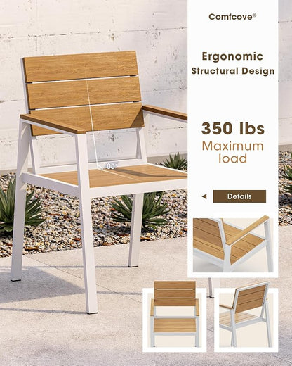 Outdoor Patio Dining Set for 6, Aluminum 7 Piece HDPE Patio Table and Chairs Set with Umbrella Hole, Modern Rectangular Patio Furniture Set with All-Weather Table & 6 Chairs (White & Teak)