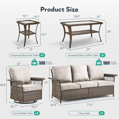 5 Pieces Wicker Patio Furniture Set - Hollow Widen Armrests Outdoor Swivel Glider Chairs and 3 Seat Sofa with Coffee Table & Side Table for Balcony Porch Deck and Yard - Brown/Beige