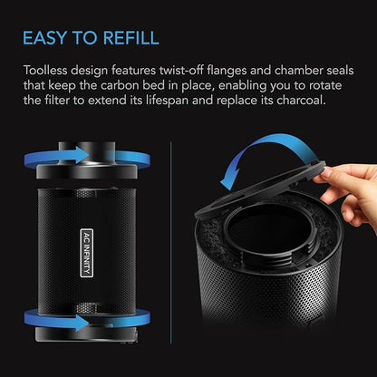 AC Infinity Refillable Carbon Filter Kit 8” with Additional Refill, Odor Removal Air Scrubber For 8" Inline Fan and Ducting, Reusable Charcoal Filter for Grow Tent Grow Room Hydroponics