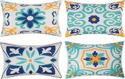 Outdoor Waterproof Throw Pillow Covers Set of 4 Floral Printed and Boho Farmhouse Outdoor Pillow Covers for Patio Funiture Garden 12x20 Inch Blue