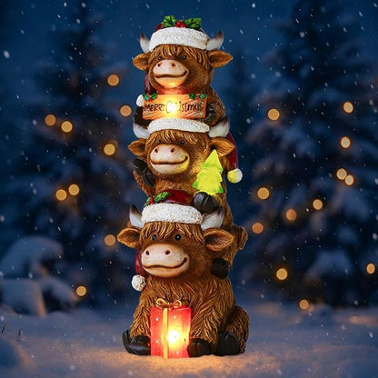 Christmas Highland Cow Decor with Solar Light Triple Highland Cow Christmas Decorations Gifts for Women Mom Funny Highland Cows Garden Statues for Garden Patio Lawn Yard Decor(Multicolor)