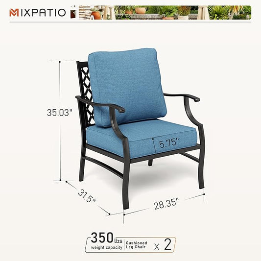 Patio Chairs Set of 2, High Back Outdoor Patio Metal Leg Chairs with 5.75" Thick Cushions for Bistro Balcony Porch Deck and Yard, Navy Blue