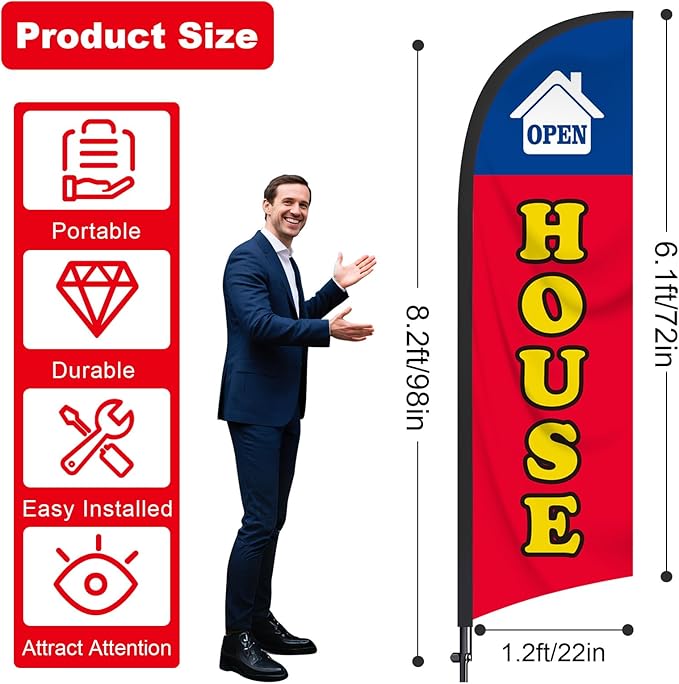 2 Packs Open House Flag for Real Estate 8 Ft Open Feather Flags Banner with Pole Kit and Ground Stake for Outside Outdoor