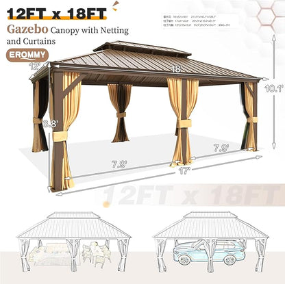 EROMMY 12'x18' Hardtop Gazebo,Galvanized Steel Double Roof Metal Gazebos with Curtain and Netting, Brown Permanent Pavilion Canopy with Aluminum Frame for Patios,Gardens,Lawns