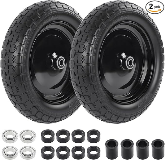 HQPASFY 2 Pack 14.5" Flat Free Tire 4.80/4.00-8 Wheelbarrow Tire and Wheel, 3" Centered Hub, 5/8" & 3/4" Bearings Replacement for Wheelbarrows, Garden Carts, Dump Carts, Lawn Equipment
