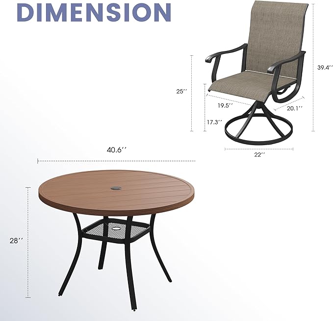 VICLLAX 5 Pieces Outdoor Dining Set, Patio Furniture Set of 4 Patio Swivel Dining Chairs and 41" Patio Round Table with Storage Shelf, Mixed Brown Chairs & Walnut Tabletop