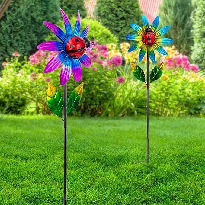 2 Pack Wind Spinner Outdoor,Waterproof Metal Windmill with Ladybug,Pinwheels for Yard and Garden, Flower Wind Sculpture & Spinner for Patio Lawn Decor