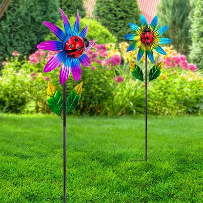2 Pack Wind Spinner Outdoor,Waterproof Metal Windmill with Ladybug,Pinwheels for Yard and Garden, Flower Wind Sculpture & Spinner for Patio Lawn Decor